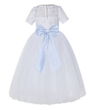 White Floral Lace Flower Girl Dress with Sleeves Junior Bridesmaid Gown Wedding Reception LG2T(5)