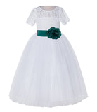 White Floral Lace Flower Girl Dress with Sleeves Junior Bridesmaid Gown Wedding Reception LG2T(2)