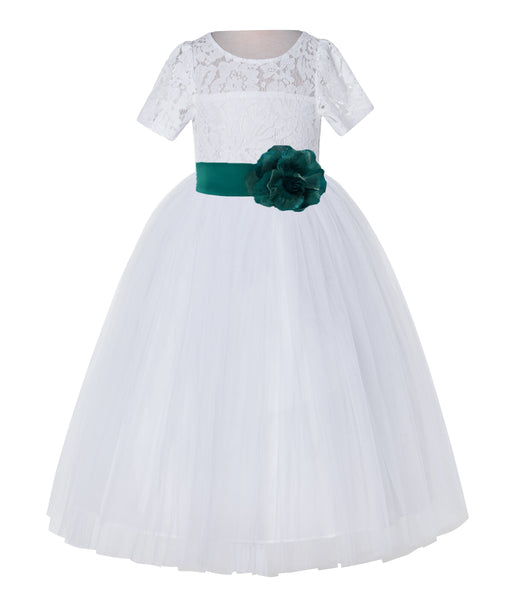 White Floral Lace Flower Girl Dress with Sleeves Junior Bridesmaid Gown Wedding Reception LG2T(2)
