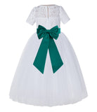 White Floral Lace Flower Girl Dress with Sleeves Junior Bridesmaid Gown Wedding Reception LG2T(2)