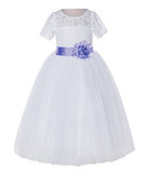 White Floral Lace Flower Girl Dress with Sleeves Junior Bridesmaid Gown Wedding Reception LG2T(2)