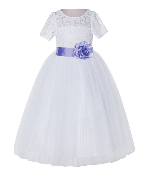 White Floral Lace Flower Girl Dress with Sleeves Junior Bridesmaid Gown Wedding Reception LG2T(2)