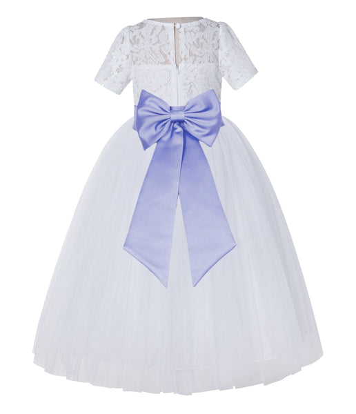White Floral Lace Flower Girl Dress with Sleeves Junior Bridesmaid Gown Wedding Reception LG2T(2)