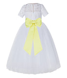 White Floral Lace Flower Girl Dress with Sleeves Junior Bridesmaid Gown Wedding Reception LG2T(1)