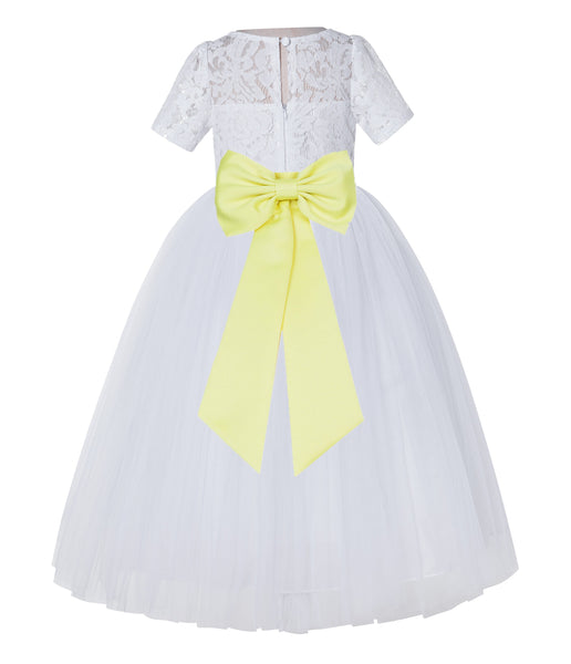 White Floral Lace Flower Girl Dress with Sleeves Junior Bridesmaid Gown Wedding Reception LG2T(1)