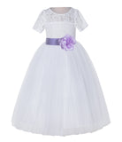 White Floral Lace Flower Girl Dress with Sleeves Junior Bridesmaid Gown Wedding Reception LG2T(1)