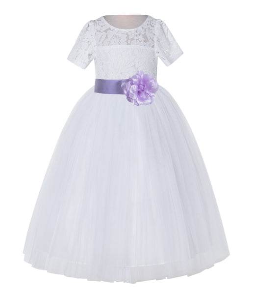 White Floral Lace Flower Girl Dress with Sleeves Junior Bridesmaid Gown Wedding Reception LG2T(1)