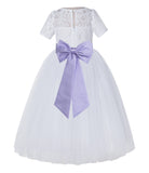White Floral Lace Flower Girl Dress with Sleeves Junior Bridesmaid Gown Wedding Reception LG2T(1)