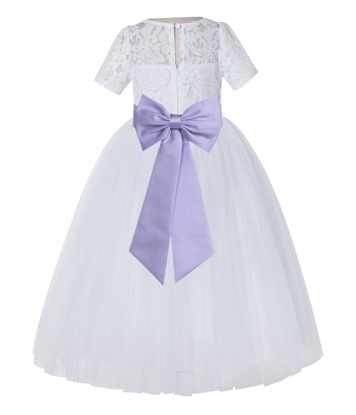 White Floral Lace Flower Girl Dress with Sleeves Junior Bridesmaid Gown Wedding Reception LG2T(1)