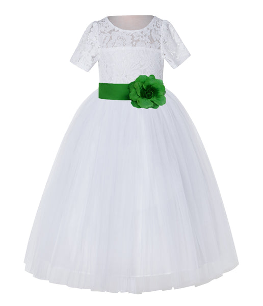 White Floral Lace Flower Girl Dress with Sleeves Junior Bridesmaid Gown Wedding Reception LG2T(1)