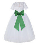White Floral Lace Flower Girl Dress with Sleeves Junior Bridesmaid Gown Wedding Reception LG2T(1)