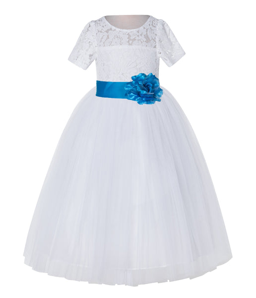 White Floral Lace Flower Girl Dress with Sleeves Junior Bridesmaid Gown Wedding Reception LG2T(1)