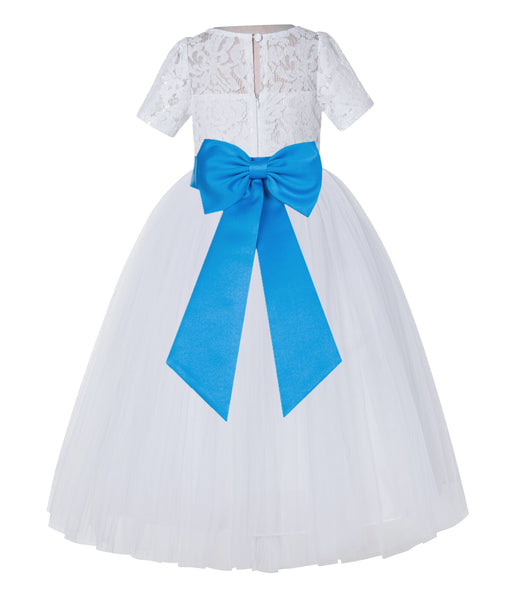 White Floral Lace Flower Girl Dress with Sleeves Junior Bridesmaid Gown Wedding Reception LG2T(1)