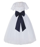 White Floral Lace Flower Girl Dress with Sleeves Junior Bridesmaid Gown Wedding Reception LG2T(1)