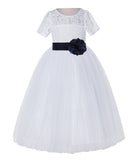 White Floral Lace Flower Girl Dress with Sleeves Junior Bridesmaid Gown Wedding Reception LG2T(1)