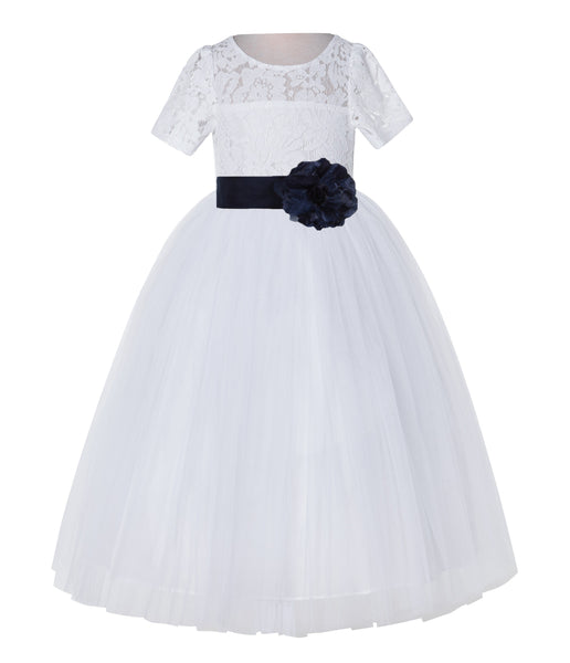 White Floral Lace Flower Girl Dress with Sleeves Junior Bridesmaid Gown Wedding Reception LG2T(1)