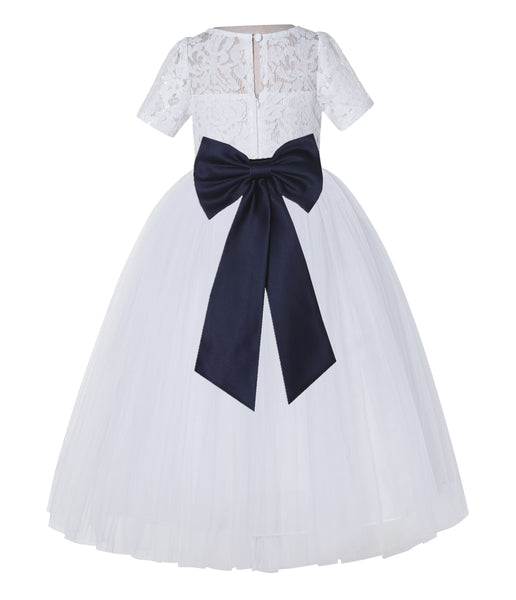 White Floral Lace Flower Girl Dress with Sleeves Junior Bridesmaid Gown Wedding Reception LG2T(1)