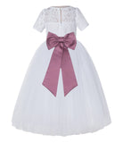 White Floral Lace Flower Girl Dress with Sleeves Junior Bridesmaid Gown Wedding Reception LG2T(1)