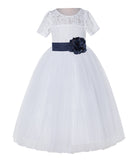White Floral Lace Flower Girl Dress with Sleeves Junior Bridesmaid Gown Wedding Reception LG2T(1)