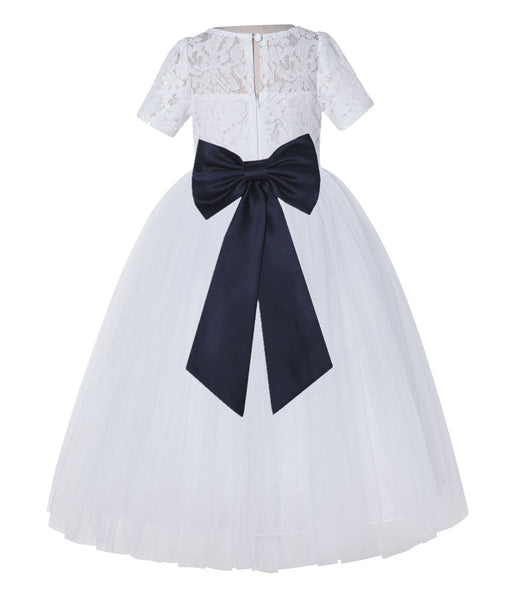 White Floral Lace Flower Girl Dress with Sleeves Junior Bridesmaid Gown Wedding Reception LG2T(1)