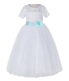 White Floral Lace Flower Girl Dress with Sleeves Junior Bridesmaid Gown Wedding Reception LG2T(1)