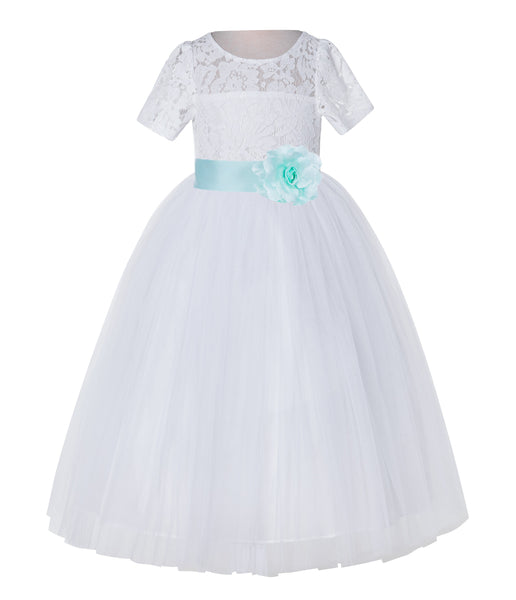 White Floral Lace Flower Girl Dress with Sleeves Junior Bridesmaid Gown Wedding Reception LG2T(1)