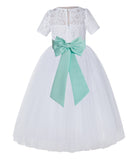 White Floral Lace Flower Girl Dress with Sleeves Junior Bridesmaid Gown Wedding Reception LG2T(1)