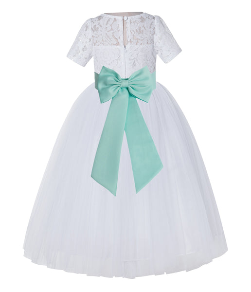 White Floral Lace Flower Girl Dress with Sleeves Junior Bridesmaid Gown Wedding Reception LG2T(1)