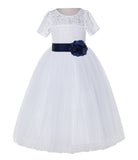 White Floral Lace Flower Girl Dress with Sleeves Junior Bridesmaid Gown Wedding Reception LG2T(1)