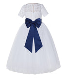 White Floral Lace Flower Girl Dress with Sleeves Junior Bridesmaid Gown Wedding Reception LG2T(1)