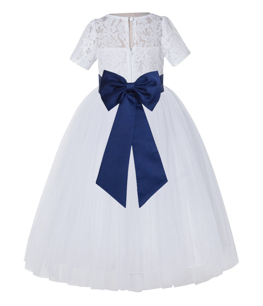 White Floral Lace Flower Girl Dress with Sleeves Junior Bridesmaid Gown Wedding Reception LG2T(1)