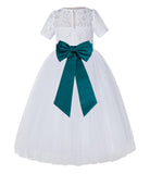 White Floral Lace Flower Girl Dress with Sleeves Junior Bridesmaid Gown Wedding Reception LG2T(4)
