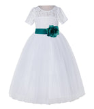 White Floral Lace Flower Girl Dress with Sleeves Junior Bridesmaid Gown Wedding Reception LG2T(4)