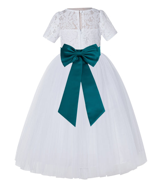 White Floral Lace Flower Girl Dress with Sleeves Junior Bridesmaid Gown Wedding Reception LG2T(4)