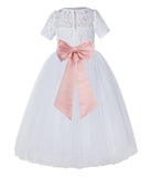White Floral Lace Flower Girl Dress with Sleeves Junior Bridesmaid Gown Wedding Reception LG2T(1)