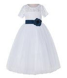 White Floral Lace Flower Girl Dress with Sleeves Junior Bridesmaid Gown Wedding Reception LG2T(1)
