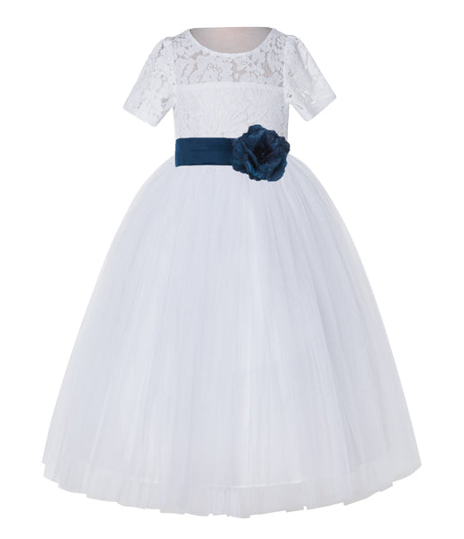 White Floral Lace Flower Girl Dress with Sleeves Junior Bridesmaid Gown Wedding Reception LG2T(1)