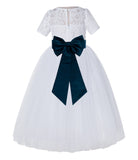 White Floral Lace Flower Girl Dress with Sleeves Junior Bridesmaid Gown Wedding Reception LG2T(1)