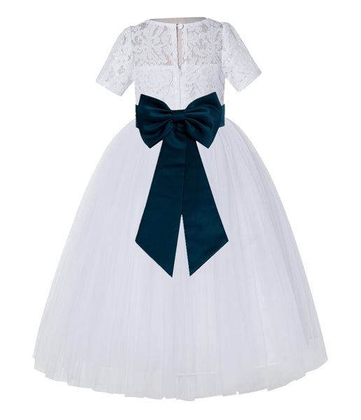 White Floral Lace Flower Girl Dress with Sleeves Junior Bridesmaid Gown Wedding Reception LG2T(1)