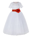 White Floral Lace Flower Girl Dress with Sleeves Junior Bridesmaid Gown Wedding Reception LG2T(1)