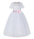White Floral Lace Flower Girl Dress with Sleeves Junior Bridesmaid Gown Wedding Reception LG2T(2)