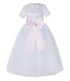 White Floral Lace Flower Girl Dress with Sleeves Junior Bridesmaid Gown Wedding Reception LG2T(2)
