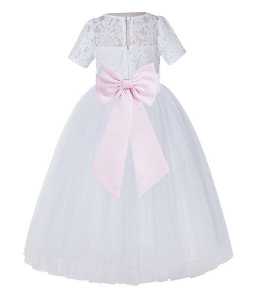 White Floral Lace Flower Girl Dress with Sleeves Junior Bridesmaid Gown Wedding Reception LG2T(2)