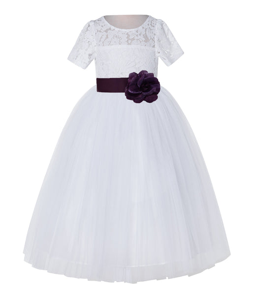 White Floral Lace Flower Girl Dress with Sleeves Junior Bridesmaid Gown Wedding Reception LG2T(2)