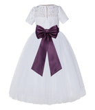 White Floral Lace Flower Girl Dress with Sleeves Junior Bridesmaid Gown Wedding Reception LG2T(2)