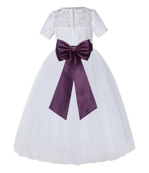 White Floral Lace Flower Girl Dress with Sleeves Junior Bridesmaid Gown Wedding Reception LG2T(2)