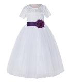 White Floral Lace Flower Girl Dress with Sleeves Junior Bridesmaid Gown Wedding Reception LG2T(2)
