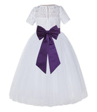 White Floral Lace Flower Girl Dress with Sleeves Junior Bridesmaid Gown Wedding Reception LG2T(2)