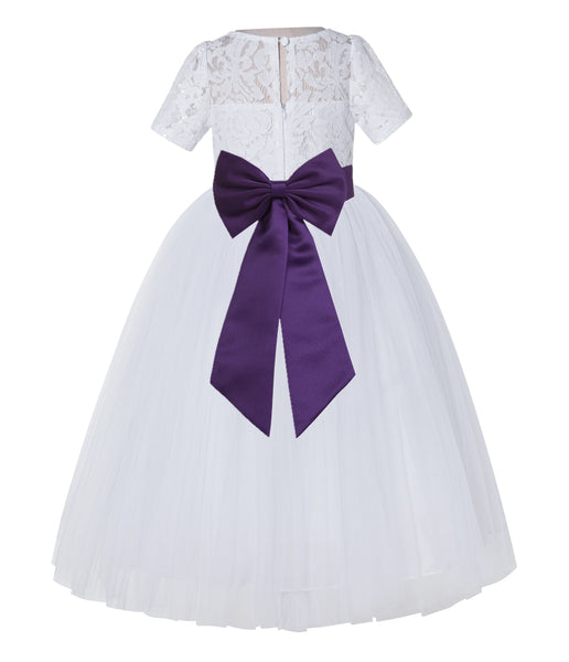 White Floral Lace Flower Girl Dress with Sleeves Junior Bridesmaid Gown Wedding Reception LG2T(2)