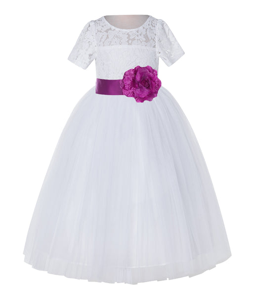 White Floral Lace Flower Girl Dress with Sleeves Junior Bridesmaid Gown Wedding Reception LG2T(3)